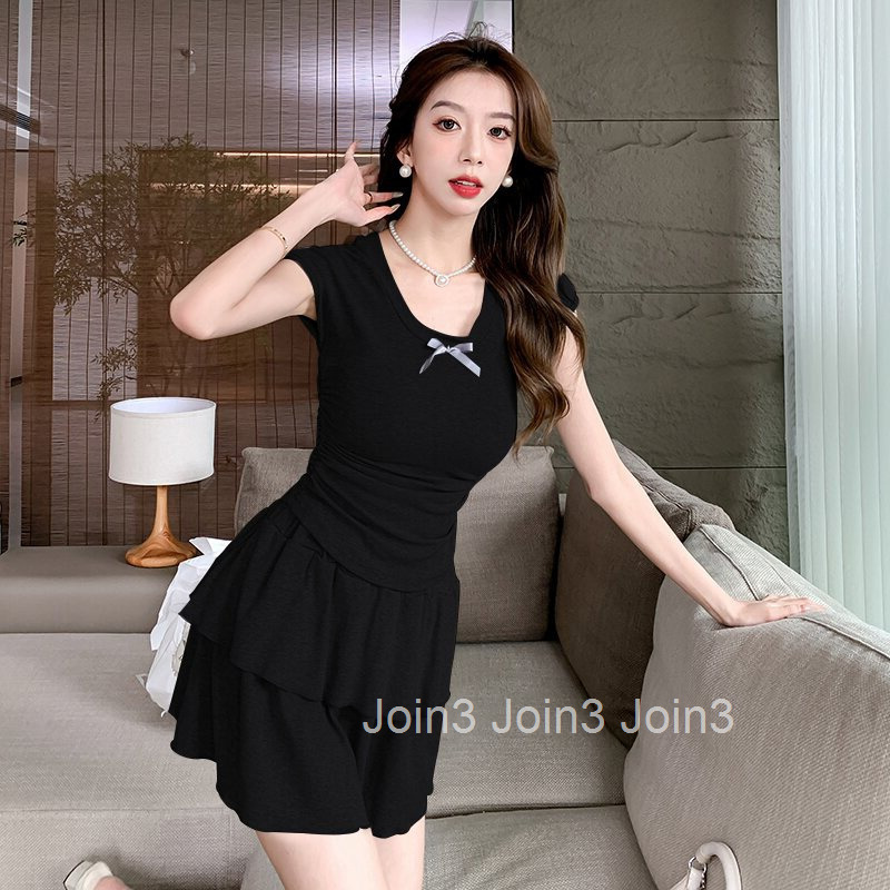 Summer Petite Elegant Butterfly Slim Fit Short Sleeve T-Shirt Top + Cake Short Skirt Set for Women