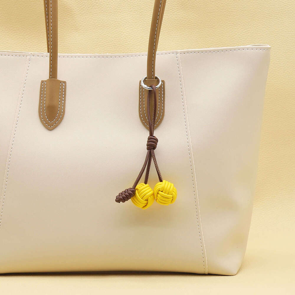 Purely Handmade DIY Color-Block Miu Style Woven Cherry PU Leather Double Ball Bag Pendant Keychain Accessory