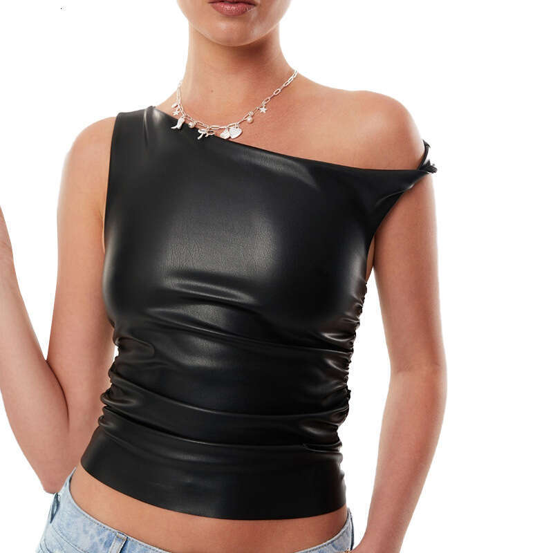 Ytp647 Women's Autumn Winter Twist Strap Off-Shoulder Leather Ruched Short Crop Top T-Shirt B5