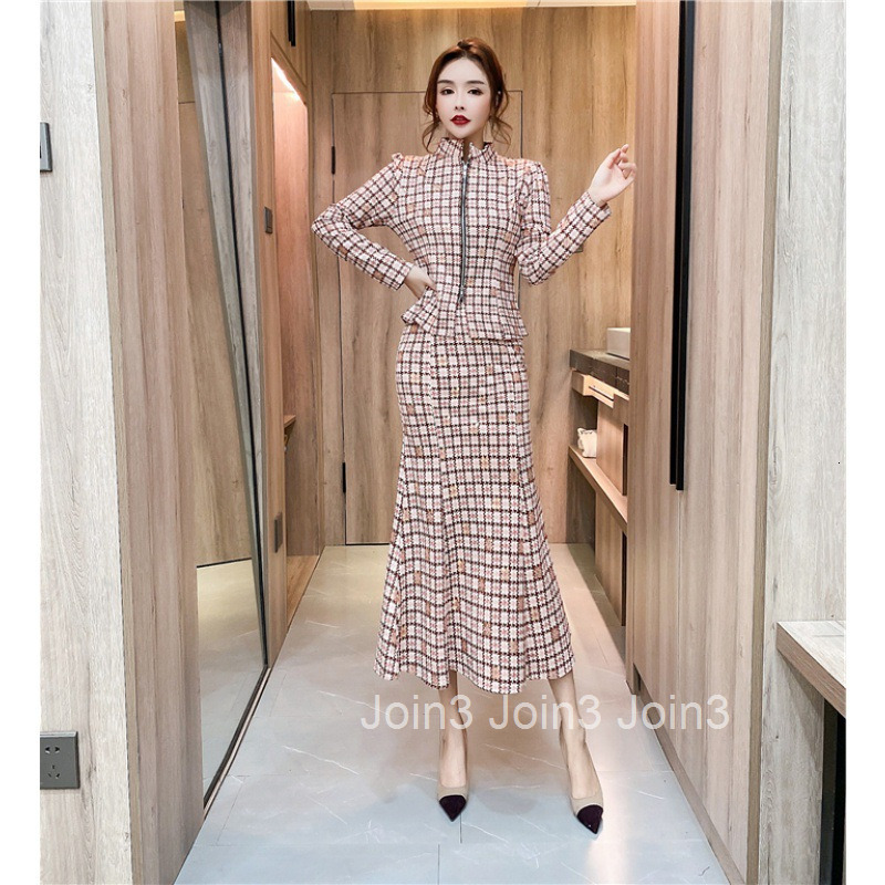 Autumn Winter New Fashionable Stylish Internet Celebrity Goddess Suede Plaid Slim Long Sleeve Jacket Bodycon Long Skirt Set