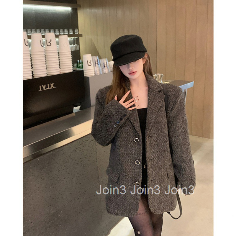 Autumn Winter Fashion Socialite Style Quilted Thick Long Sleeve Woolen Blazer Womens Mid-Length Woolen Coat