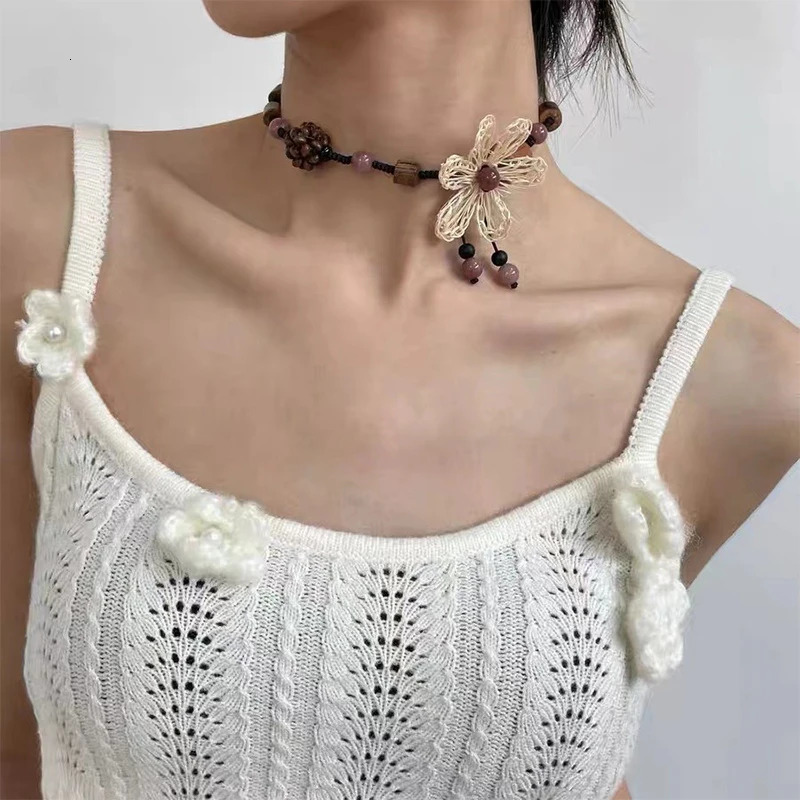 Flower Wood Vintage Cute Elegant Summer Necklace Women Jewelry Trendy Fashion Delicate Party Gifts Personality Accessories QD131 250729
