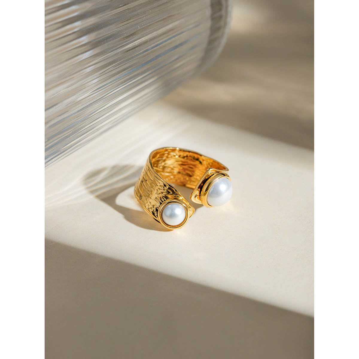 Fashion 18k Gold Plated Stainless Steel Irregular Twisty Open Ring Inlay Pearl Metal Texture Geometric High Quality Charm Jewelry