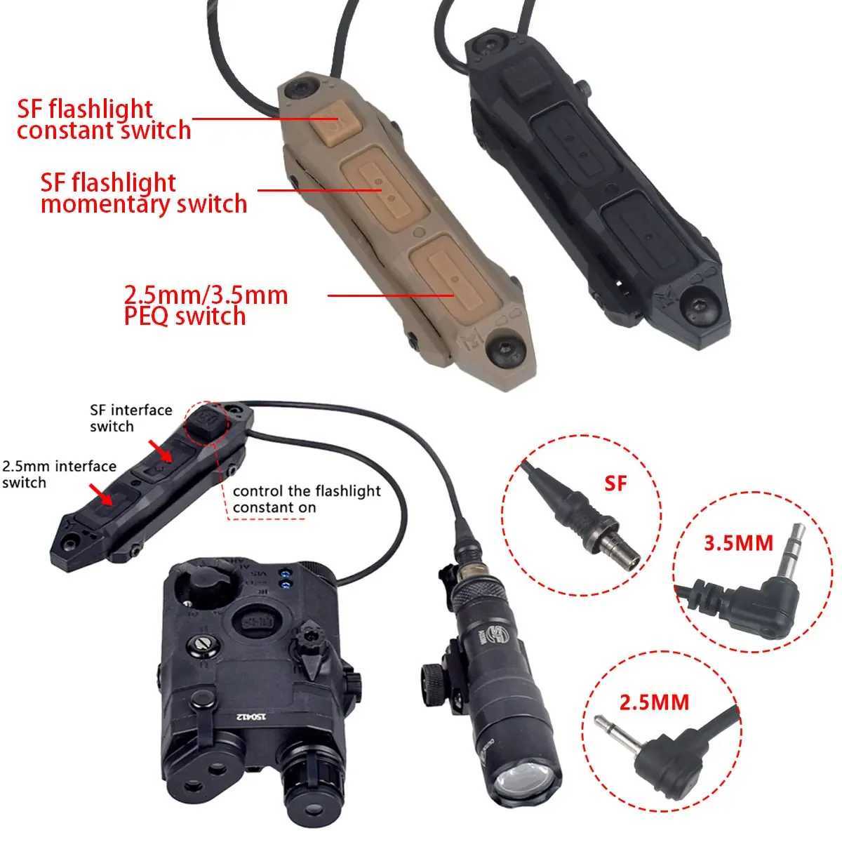 Mlok Keymod 20mm DBAL A2 PEQ 15 NGAL MAWL M300 M600 Flashlight Weapon Gun Light Boost Remote Dual Function Switch 2.5mm/SF Plug XJ250728