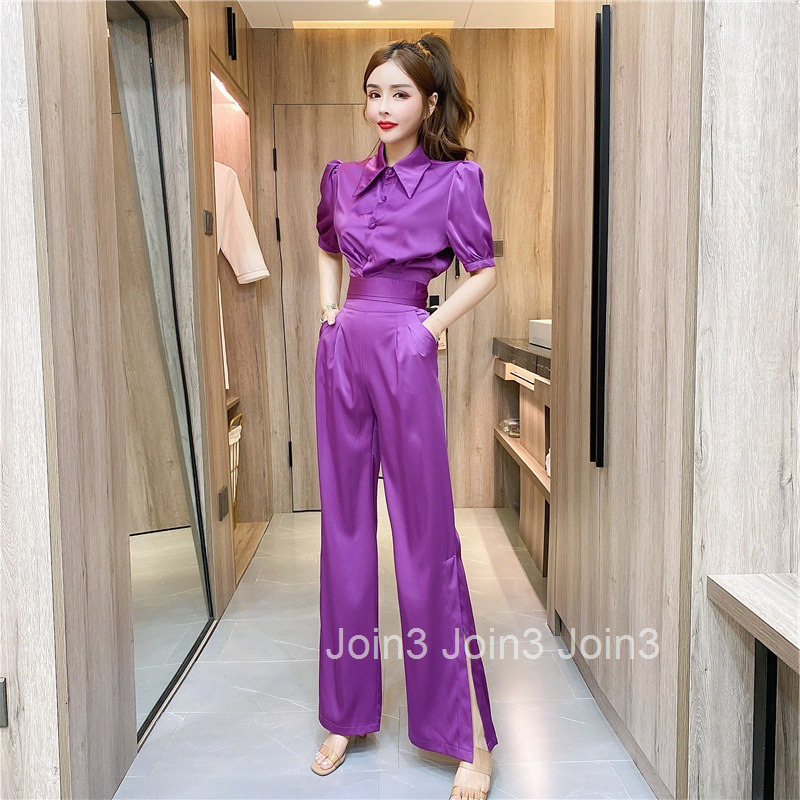Summer Fashion Stylish Turn-Down Collar Single-Breasted Short Sleeve Top + Split Long Pants Two-Piece Set for Women