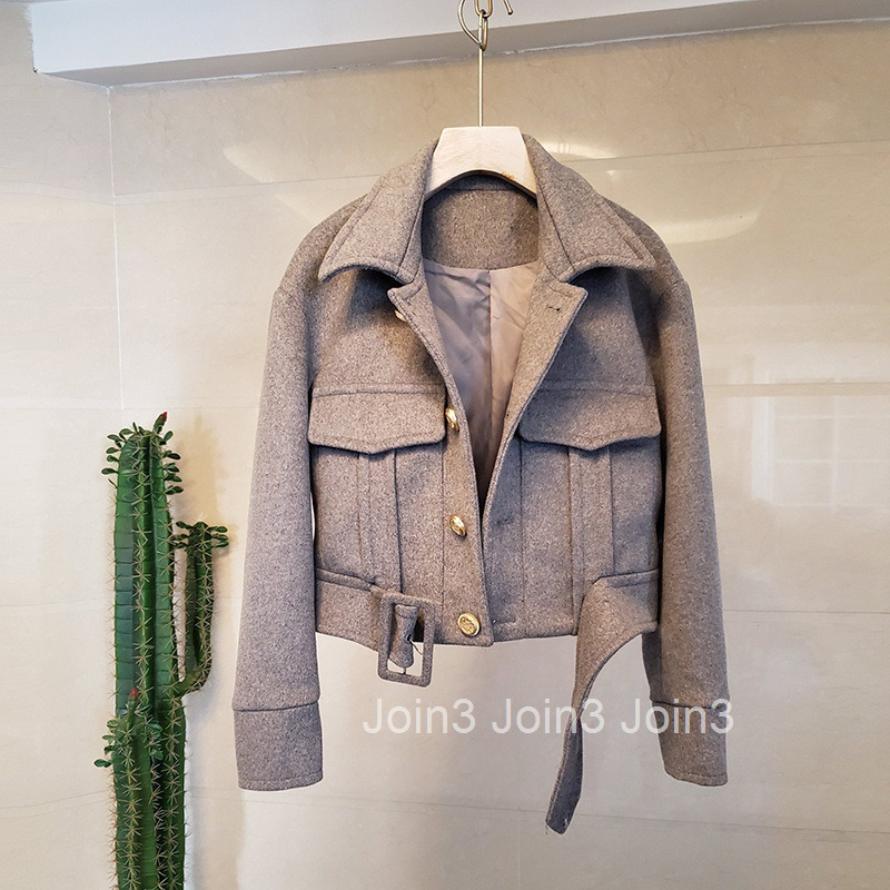 Autumn Winter New Style Socialite Workwear Double Pocket Waist-Tied Blazer Collar Short Thick Woolen Jacket Coat for Women