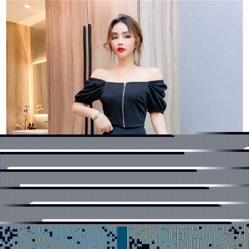 Summer New Fashion Internet Celebrity Style Square Neck Zipper Short Sleeve Top + Bodycon Short Skirt Set