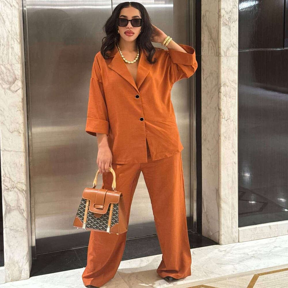 Women's Clothing Turn-Down Collar Loose Single-Breasted Shirt High-Waisted Straight-Leg Pants Two-Piece Set Casual Elegant Suit For Women B5