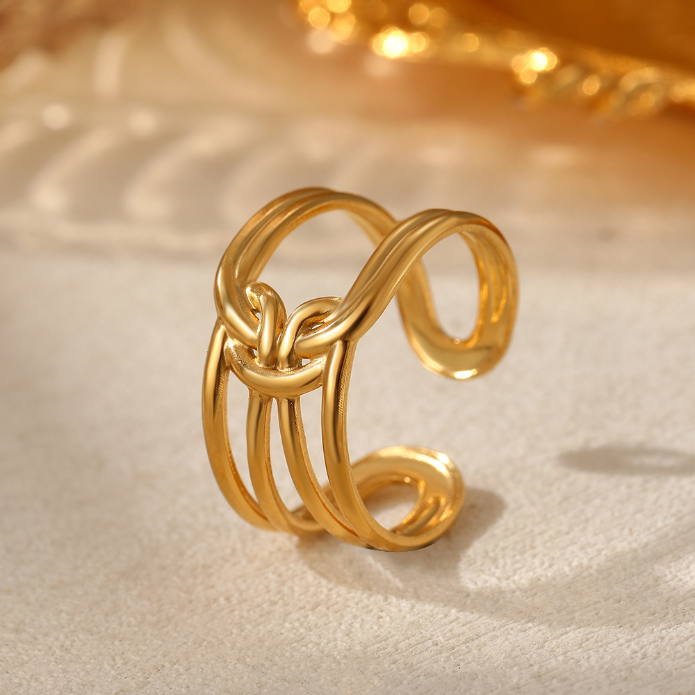 Designer Ring for Women Stainless Steel Line Knotting Design Open Ring Vacuum Gold Plated Non Fading Jewelry