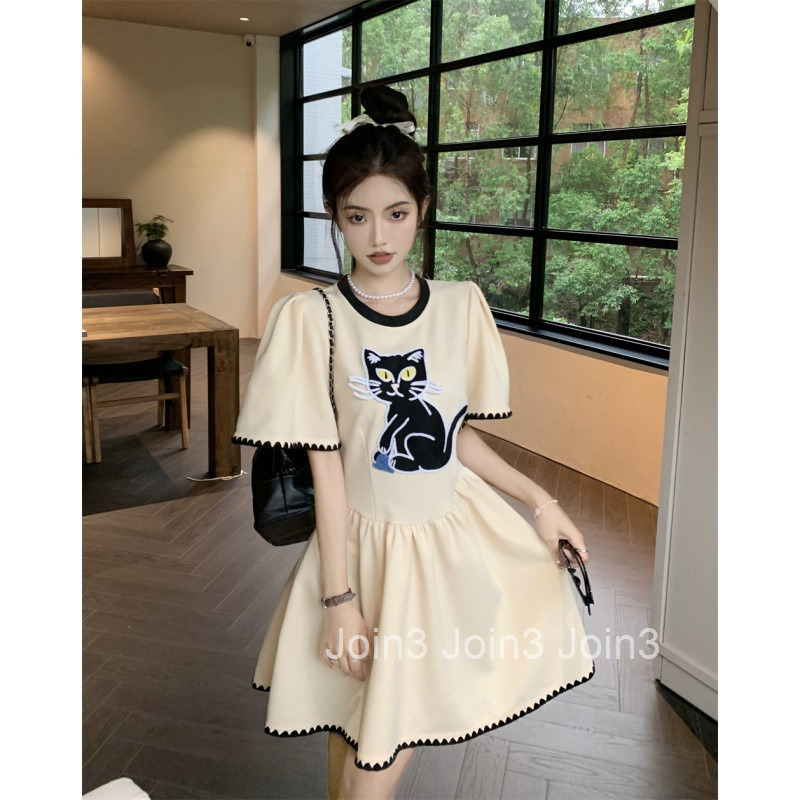 Summer New Korean and Japanese Style Plus Size Womens Short Sleeve Dress Fashion Little Cat Animal Pattern Short Dress