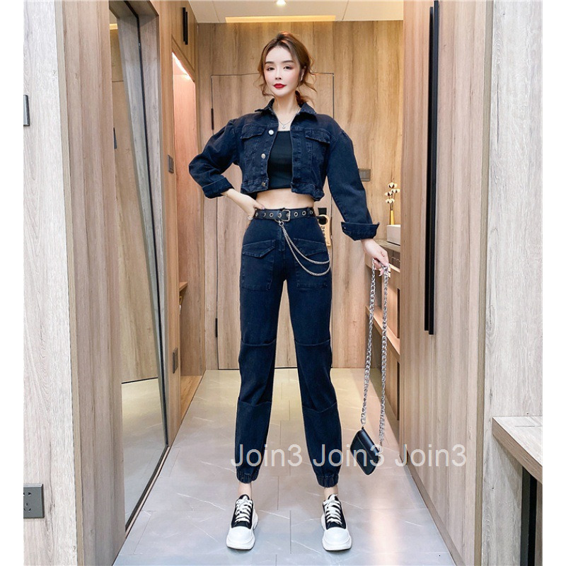 Autumn Winter New Fashionable Slim Fit Long Sleeve Denim Short Jacket Top + Long Pants Set for Women