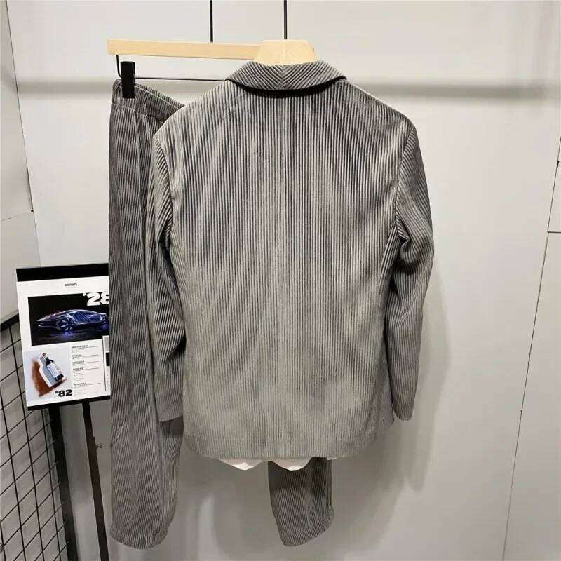Korean Elegant Corduroy Two-piece Men Spring Autumn Large Size Drape Suit Pleated Loose Casual Simple Blazer Set Chic