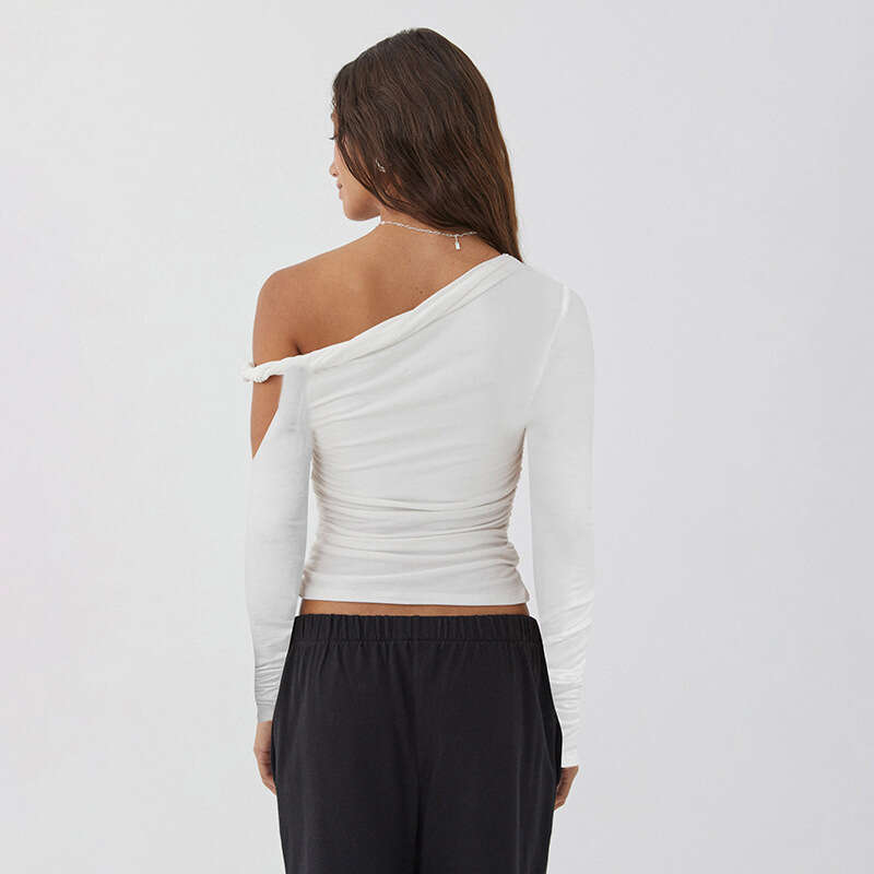 Y24tp482 Women's Autumn New Solid Color One-Shoulder Asymmetrical Ruched Sexy Long Sleeve Top B5