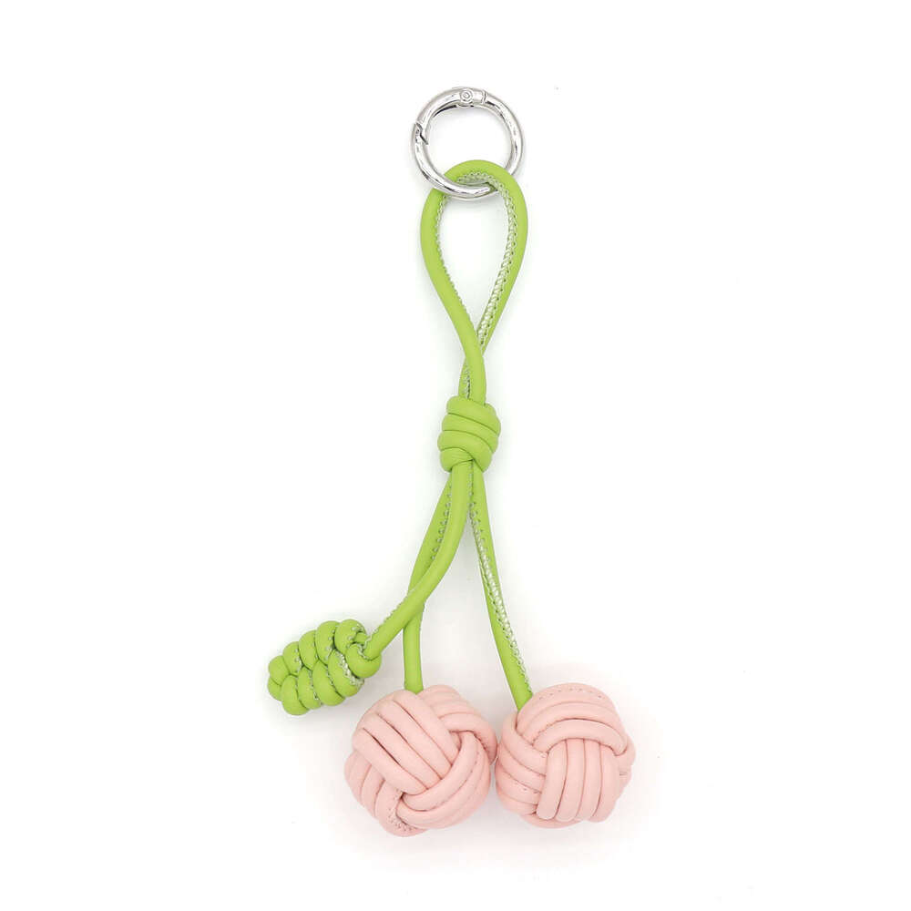 Purely Handmade DIY Color-Block Miu Style Woven Cherry PU Leather Double Ball Bag Pendant Keychain Accessory