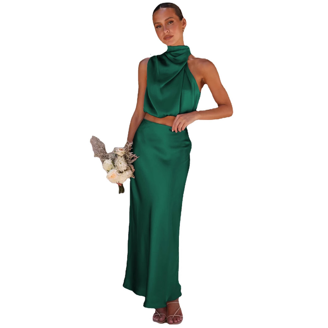 2025 Summer Womens New Sexy Neck Scarf Top Draped Half-Length Skirt Casual Fashion Set Womens Evening Dress