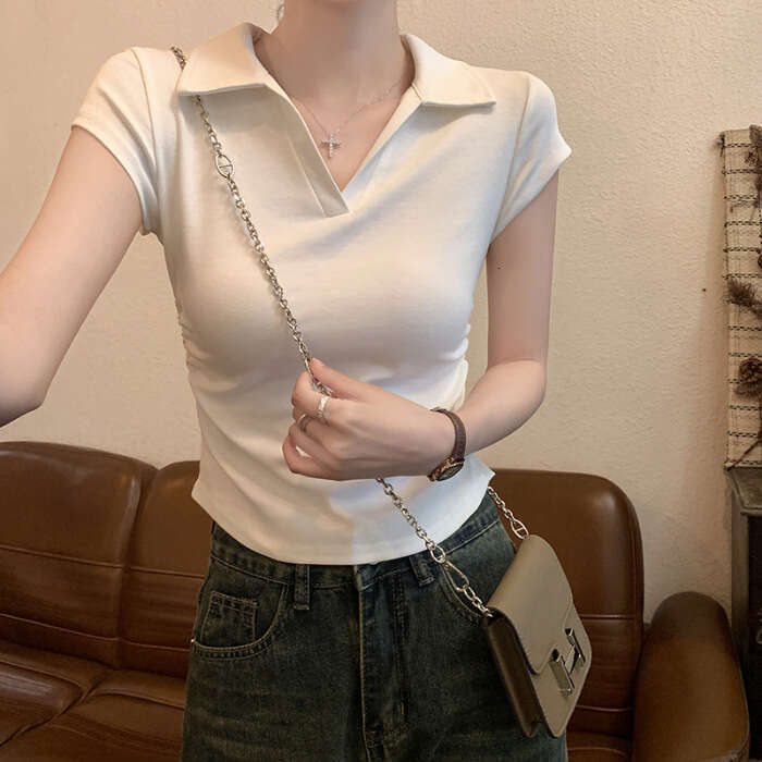 sxzy Summer Hot Girl Slim Fit Off-Shoulder T-Shirt Women Sleeve Design Irregular Pleated Short Polo Shirt Top