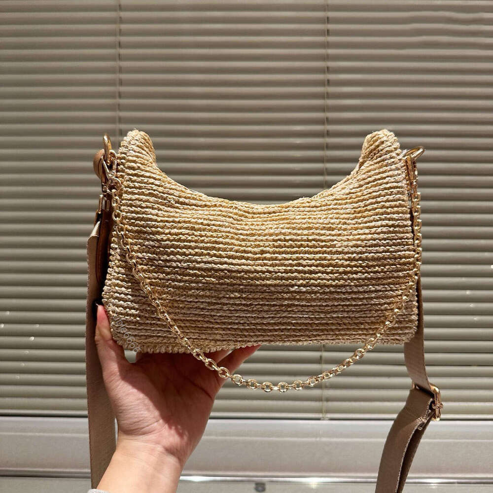 Designer Women's Straw Armpit Bag Chain Shoulder Bag Solid Color Crossbody Bag Stick Women's Small Tote Bag Summer Travel Beach Bag Leisure Bag messenger bag