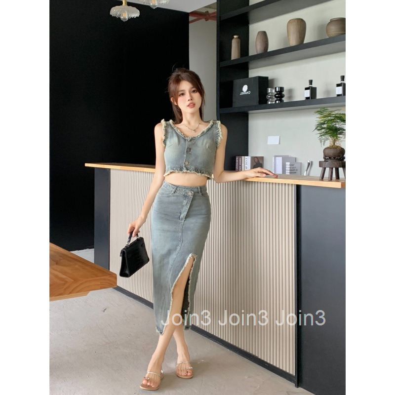 Summer Distressed Frayed Short Sleeveless Denim Top + High Waist Irregular Slit Skirt Set