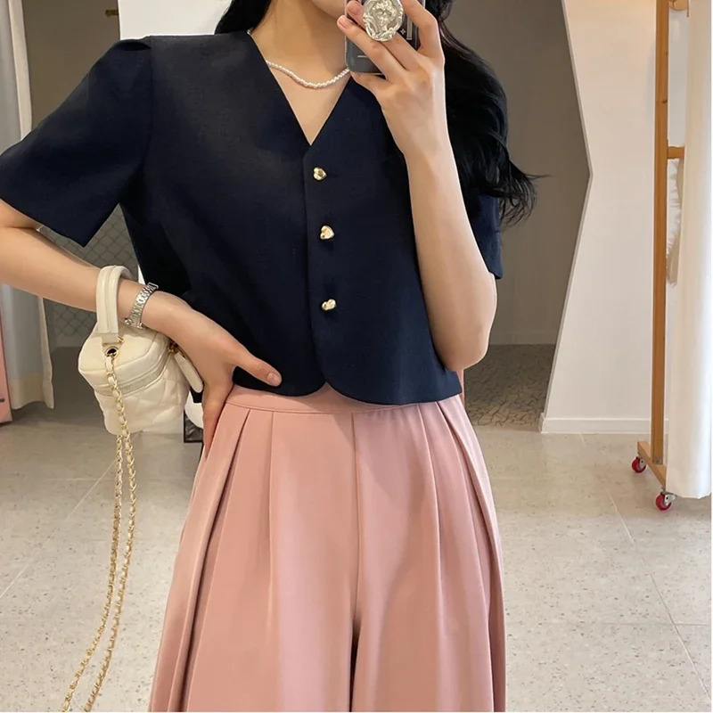 Summer Vneck Womens Short Jacket Elegant Single Breasted Sleeve Solid Korean Style Outerwear for Women w250729