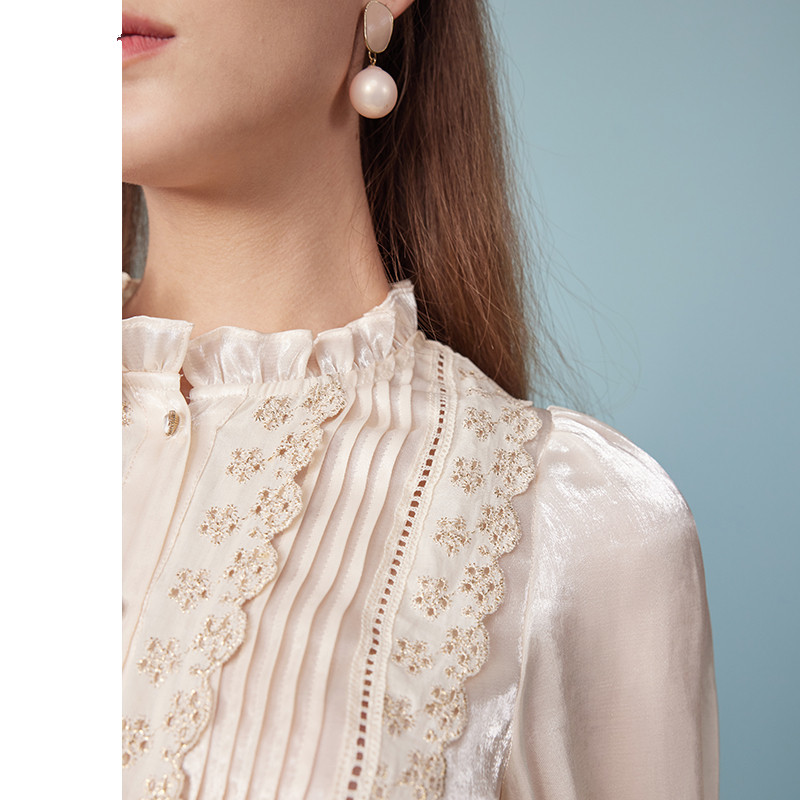 2025 Summer New Women's Lace Stitching French Top Stand Collar Lantern Sleeve Shirts Women 6112275