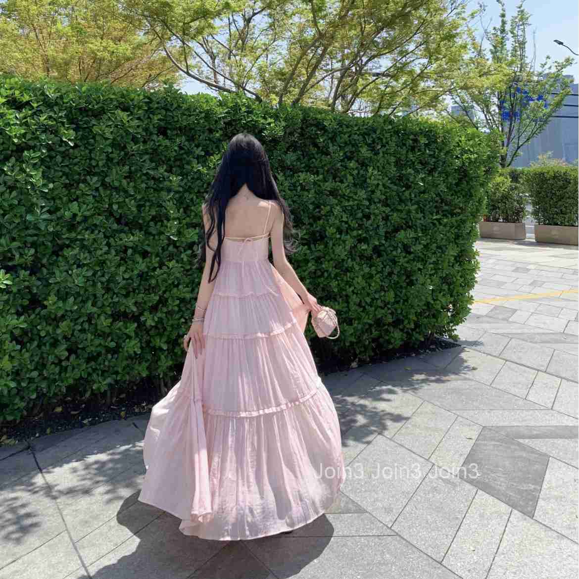 Summer Pink Vacation Dress Design V-neck Strap Sleeveless Vest Dress Long Dress Beach Princess Dress