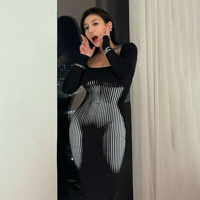 Q23ds586 Autumn New Square Neck Pullover Long Sleeve High Waist Bodycon Mermaid Dress For Women B5