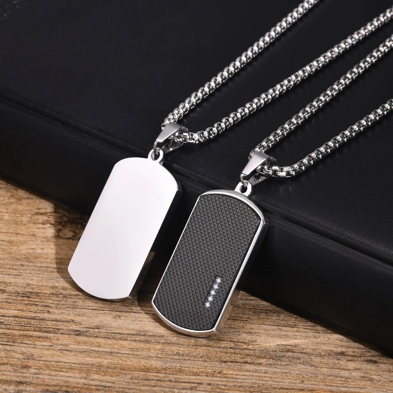 Vnox Stylish Black Dog Tag Necklaces for Men Women with Cubic Zirconia Stone Stainless Steel Square Pendant Collar Gift 250729