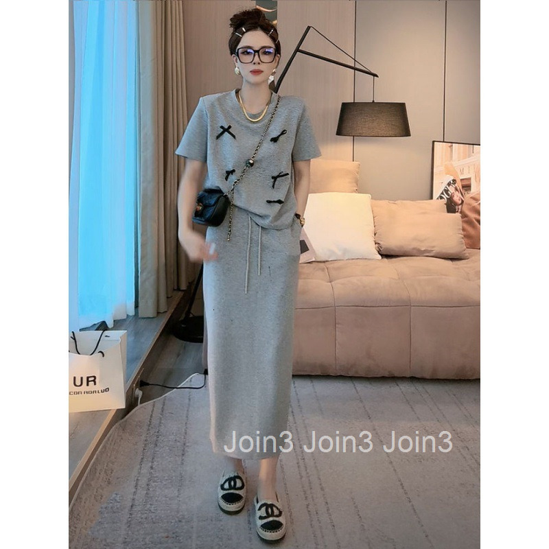 Summer New Plus Size Womens Bowknot Stylish Design Short Sleeve T-Shirt Top + Mid-Length Skirt Two-Piece Set