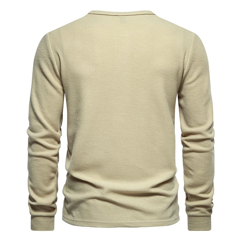 Waffle Henley TShirt Men Long Sleeve Basic Breathable Mens Tops Tee Shirts Autumn Casual Solid Color Button T Shirts 250729