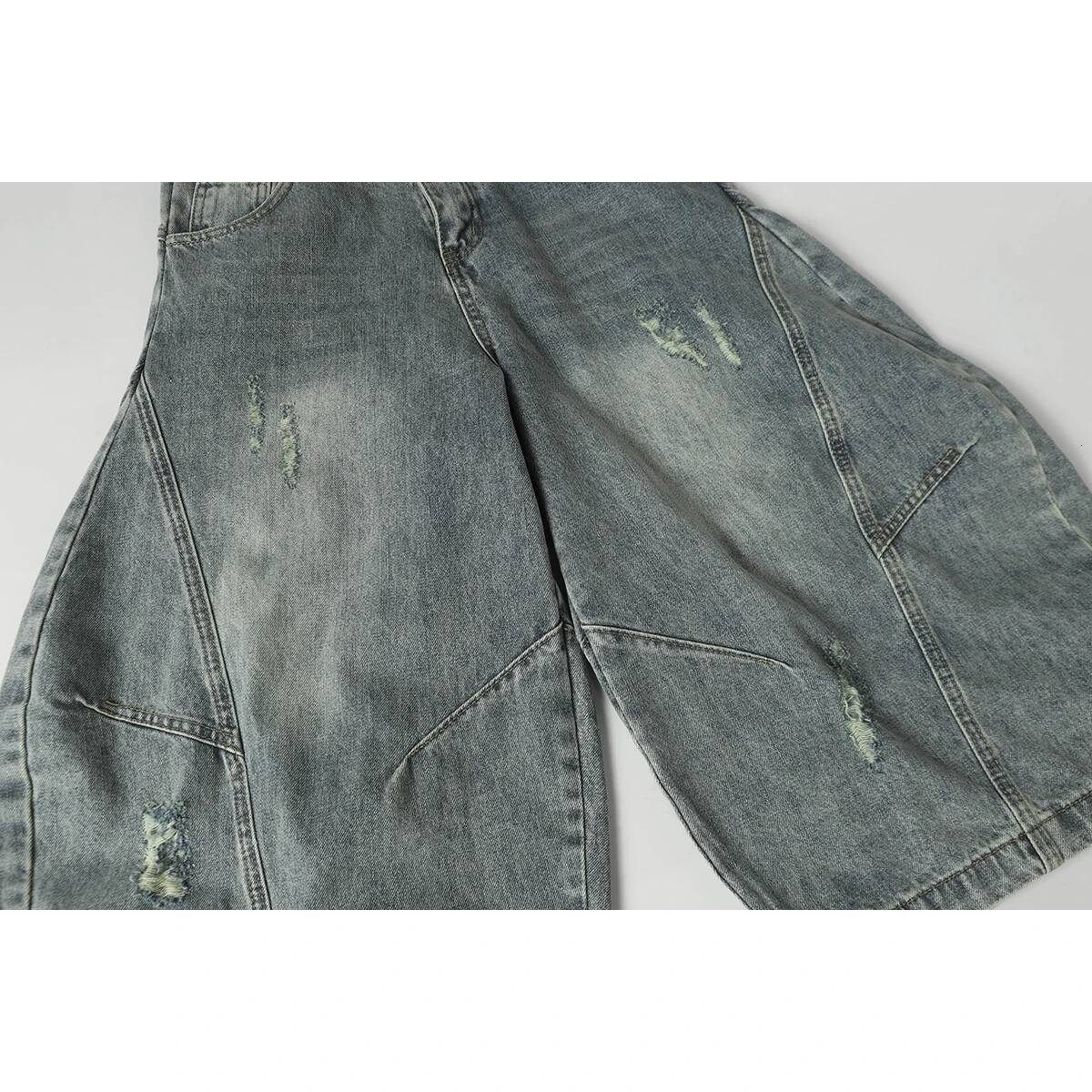 Deconstructive Curved Blade Harem Denim Ripped Blue Vintage Washed Shorts Hip Hop Baggy Wide Leg Crop Jeans