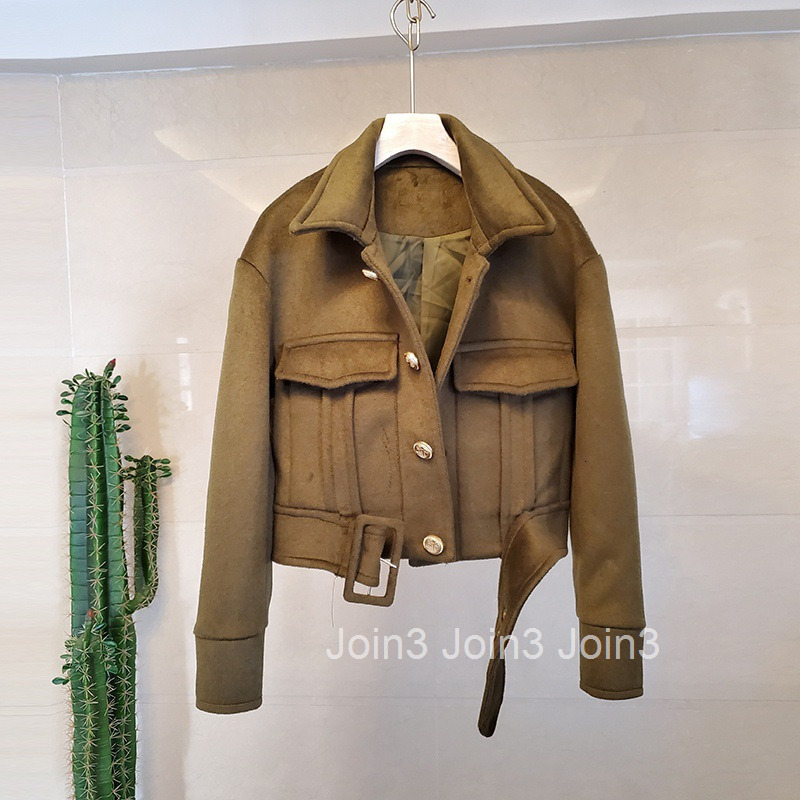 Autumn Winter New Style Socialite Workwear Double Pocket Waist-Tied Blazer Collar Short Thick Woolen Jacket Coat for Women