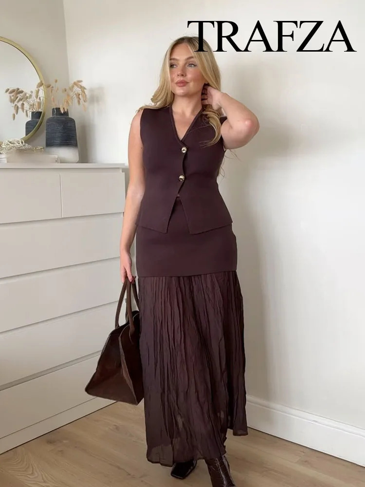 TRAFZA Women 2 Piece Set VNeck Sleeveless Button Knitted Vest TopElegant Splicing High Waist Zipper Long Skirts Holiday Suits 250729
