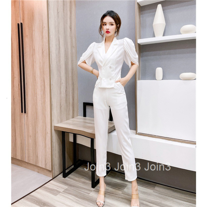 Summer New Fashionable Elegant Professional Two-Piece Set with Turn-Down Collar Double-Breasted Stylish Mid-Sleeve Top Slimming Long Pants Suit for Wo