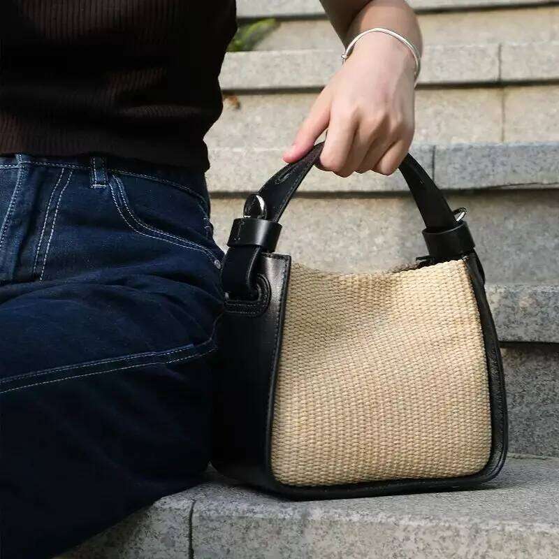 2025 Designer Women Patchwork Genuine Leather Woven Straw Handbags New Tote Lady Trendy Adjustable Strap Shoulder Bag