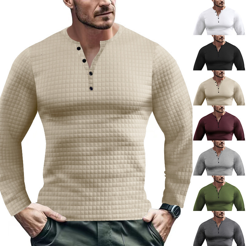 Mens autumn and winter casual long sleeved T-shirt solid color V-neck slim fit pullover sweater for men