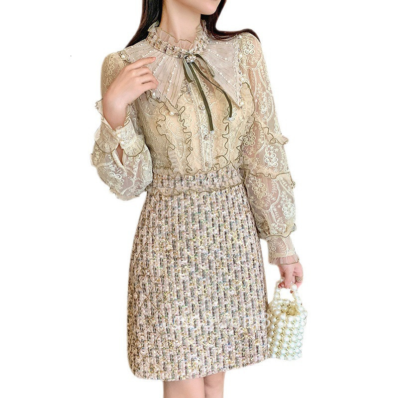 Heavy Textured Dress French Style Autumn Winter Korean Ruffled Patchwork Woven A-line Dress Internet Celebrity Nanyou