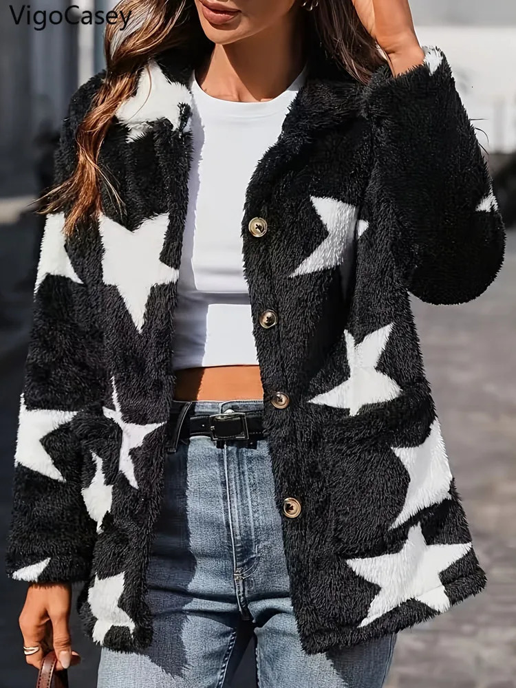 Autumn Print Long Sleeve Jacket Women Thick Plush Warm Single Breasted Coat Soft Winter Loose Cardigan Lady Coat 250729