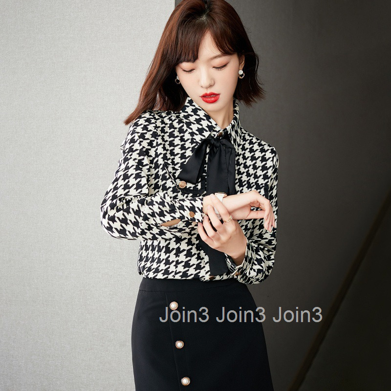 Spring and Autumn New Large Size Womens Houndstooth Fashionable Stylish Plaid Base Bowknot Shirt Blouse for Women