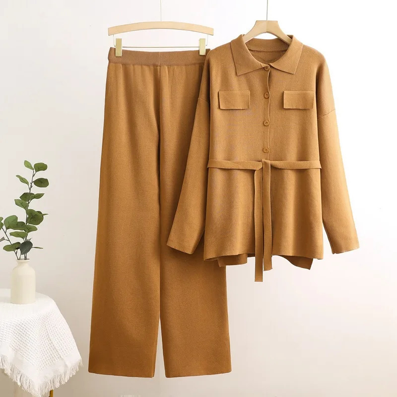 2 Piece Knitted Sets for Women Korean n Single Breasted Knitwears Sweater Cardigan Tops Suits High Waist Wide Leg Pants Outfit 250729