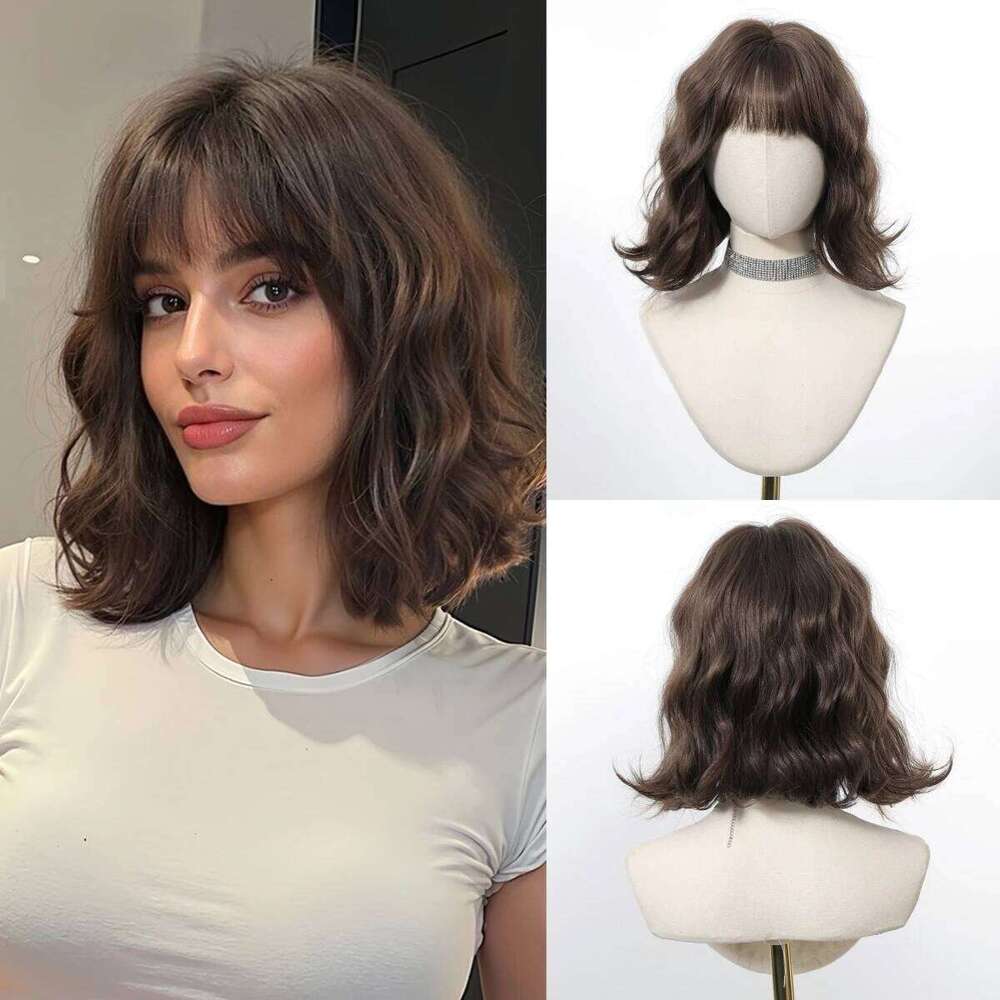 12 Inch Brown Bob Natural Synthetic Cute Hair Short Wavy Curly Wig With Bangs For Women Daily Party Use Heat Resistant Fiber