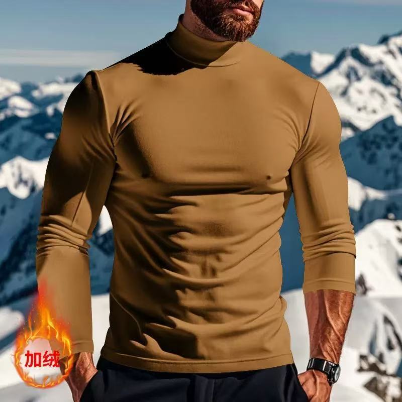 Mens Autumn Winter Thermal Pure Long Sleeve T-Shirt Knitted Base Shirt Slim Fit Half High Collar Mens Top