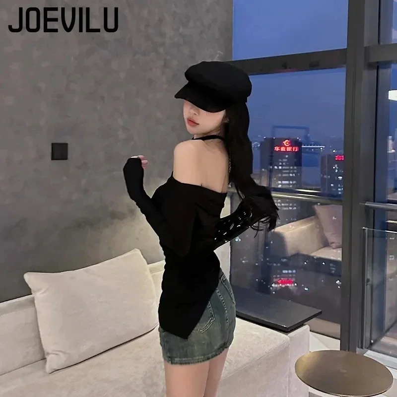 Black Asymmetric Niche Tops Off Shoulder Pleated Slim Fit Long Sleeve Tshirt Womens Korean Fashion Y2k Streetwear Skinny Tee 250729