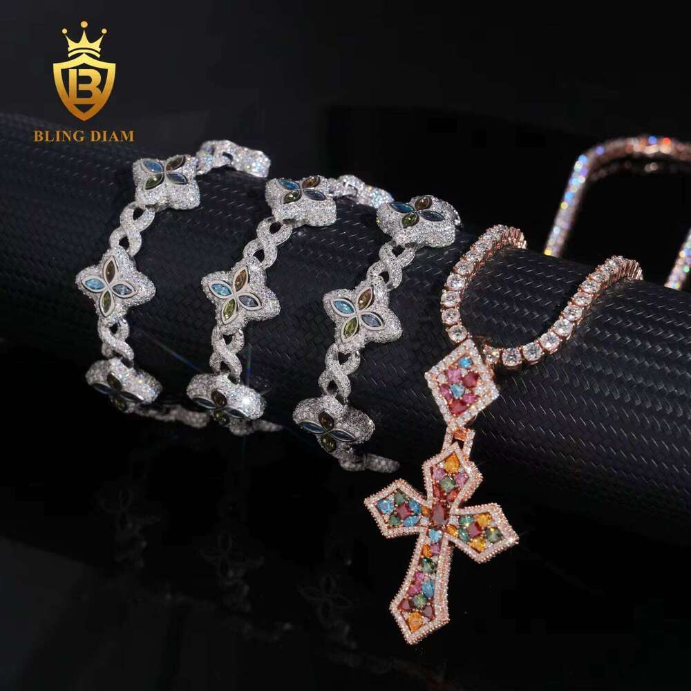 New Arrival Hip Hop Jewelry Link Four Leaf Clover VVS1 Iced Out Moissanite Dia Sier Cuban Chain High Quality