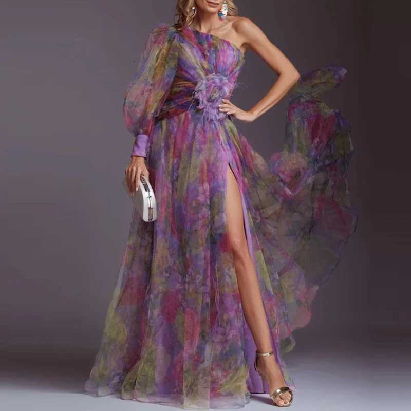 Elegant Slash Neck High Waist Gala Dress Fashion One Shoulder Long Sleeve Evening Dress Casual Graphic Mesh Party Dress for Women Z250728