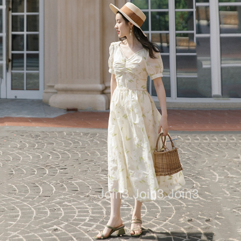 High Waist V-Neck Heavy Embroidery Flared Long Dress for Dates and Vacations Summer Fashionable Elegant French Short Sleeve Dress