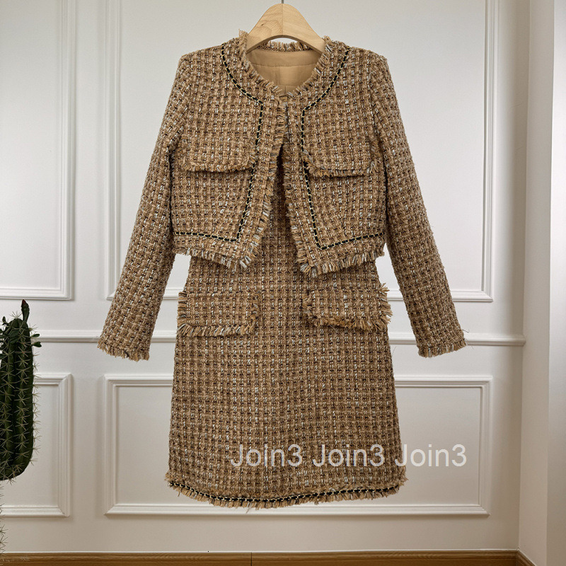 Winter New Womens French Style Tweed Two-Piece Set Slim Fit Camisole Dress Short Coat Set