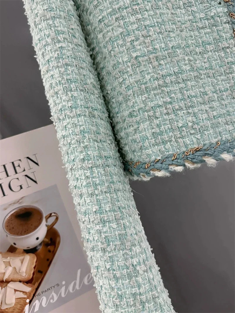 Women Elegant Tweed Jackets Chic Oneck Long Sleeve Tops Autumn Fashion Singlebreasted Office Cardigan Coat Outerwear 250729