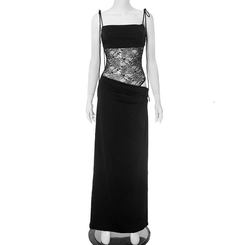 D25ds038 Women's Spring Summer New Solid Color Lace Patchwork Strap Tie Waist Sexy Long Dress B5