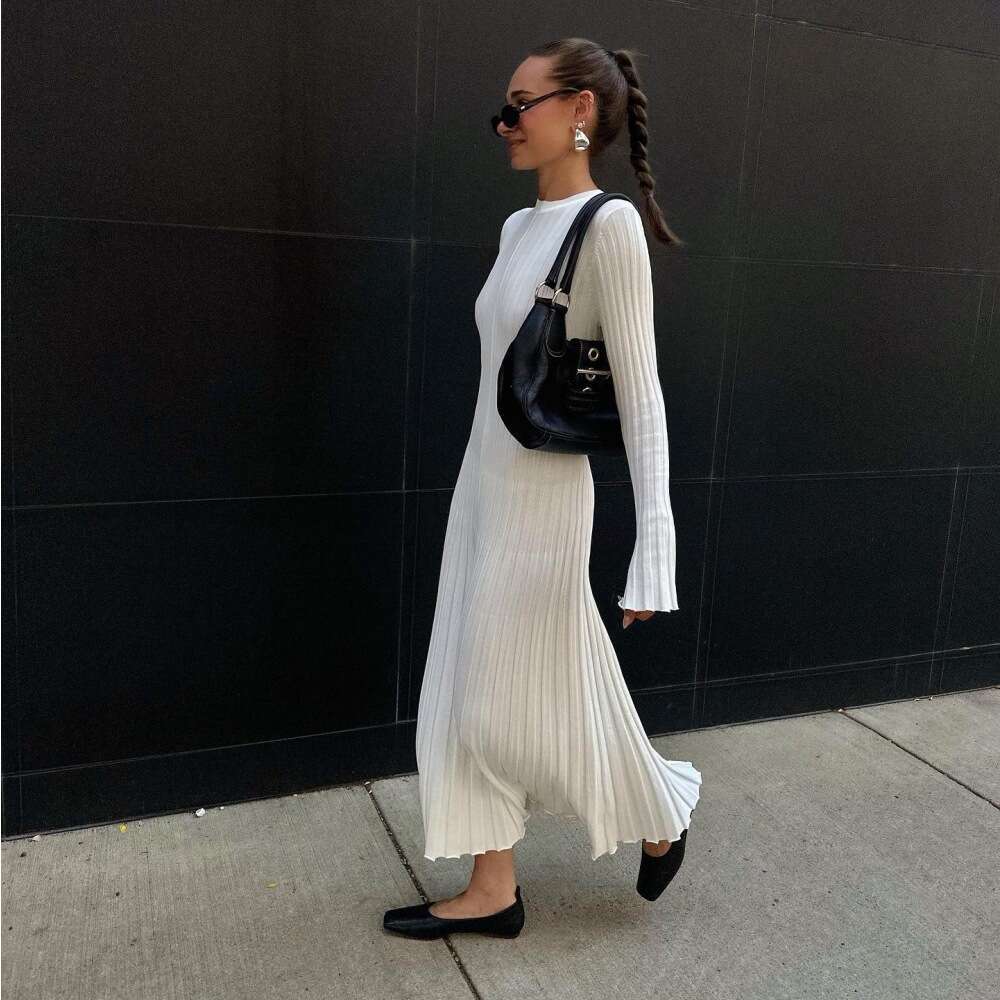Women's Spring Knitted Round Neck Ribbed Stitched Flare Sleeve Tie Solid Color Casual Long Dress B5
