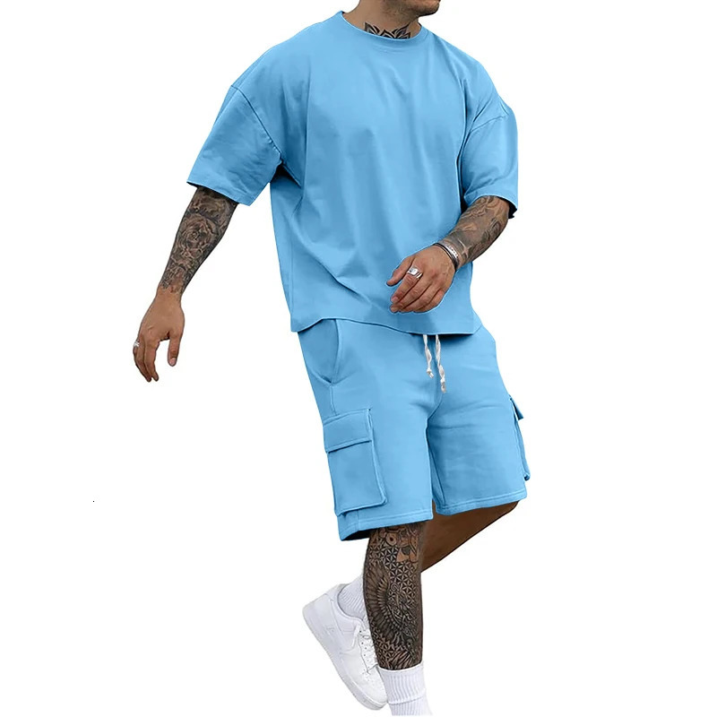 Summer Mens Round Neck Short Sleeve TShirt Shirt Shorts TwoPiece Suit Loose Large Size Ice 250729